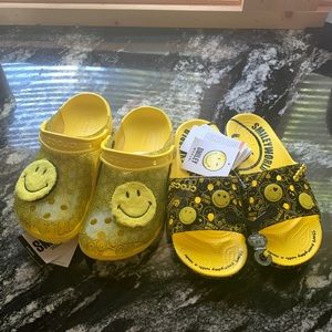 Crocs Smiley 🙂 classic translucent clog and classic smiley slide womens sz 7 m5